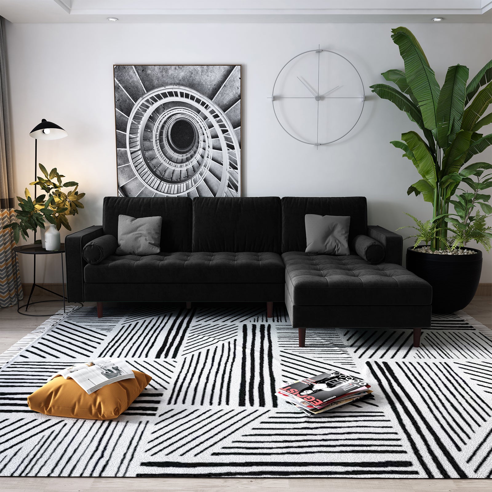 Claude 3 Seater Velvet Sofa with Chaise – Black displayed in a stylish living room setting, featuring plush cushions and a spacious chaise, enhancing the luxurious ambiance of the space.