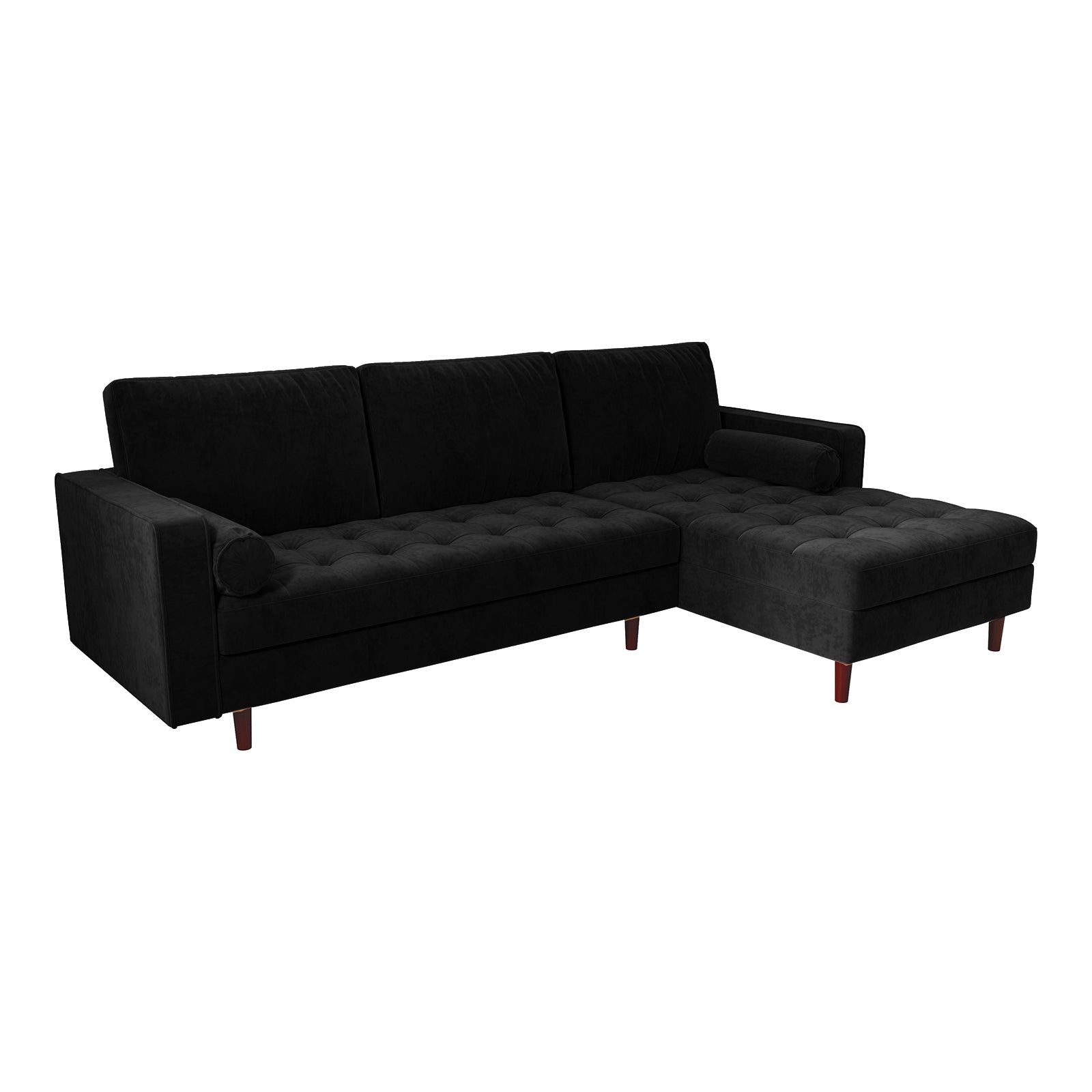 Close-up of the Claude 3 Seater Velvet Sofa with Chaise – Black, showcasing its plush cushions, spacious chaise, and elegant velvet upholstery, highlighting its luxurious and comfortable design.