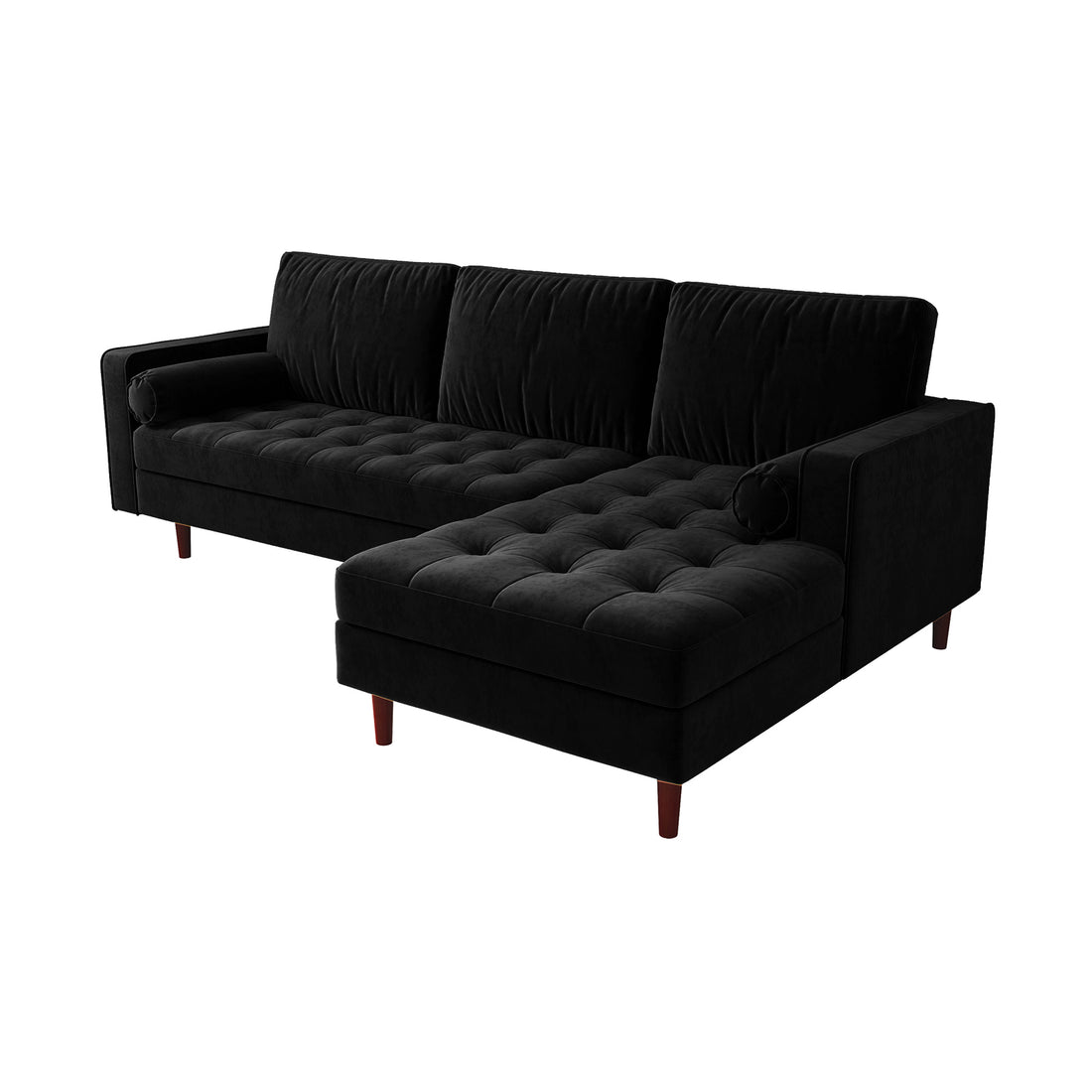 Claude 3 Seater Velvet Sofa with Chaise – Black, featuring plush cushions and a spacious chaise design. This close-up highlights its luxurious velvet texture and elegant structure, ideal for stylish lounging.