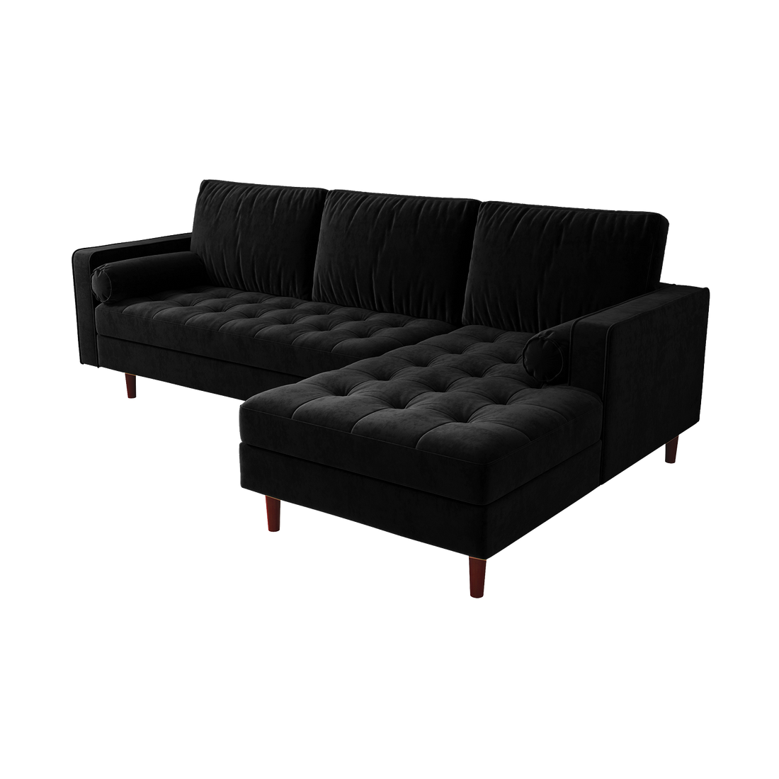 Close-up of the Claude 3 Seater Velvet Sofa with Chaise – Black, showcasing its plush cushions and spacious chaise, emphasizing the luxurious velvet texture and elegant design.