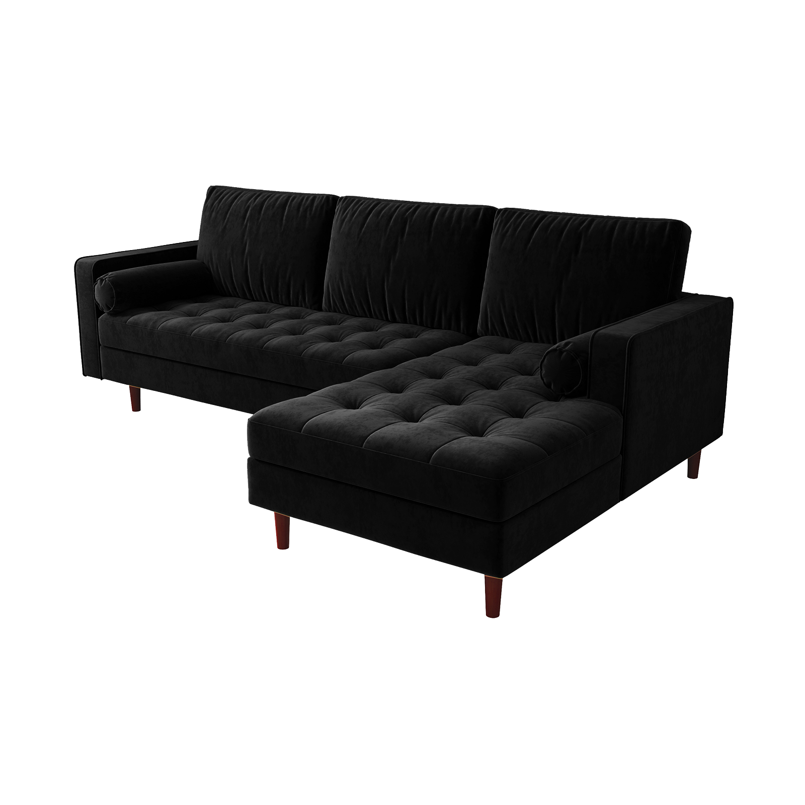 Close-up of the Claude 3 Seater Velvet Sofa with Chaise – Black, showcasing its plush cushions and spacious chaise, emphasizing the luxurious velvet texture and elegant design.