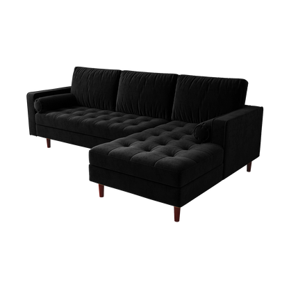 Close-up of the Claude 3 Seater Velvet Sofa with Chaise – Black, showcasing its plush cushions and spacious chaise, emphasizing the luxurious velvet texture and elegant design.