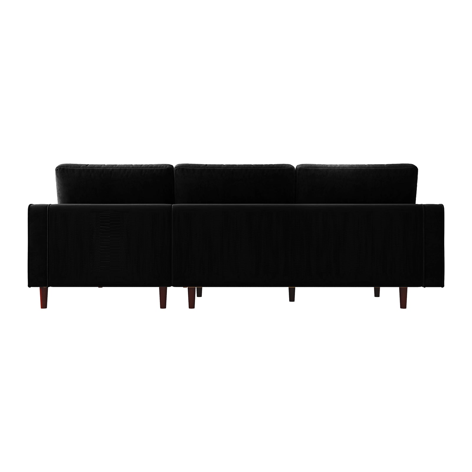 Claude 3 Seater Velvet Sofa with Chaise – Black, featuring black upholstery, wooden legs, and plush cushions. The sofa's spacious chaise design and luxurious velvet fabric offer elegant comfort.