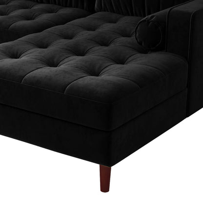 Claude 3 Seater Velvet Sofa with Chaise – Black; close-up shows plush velvet fabric, spacious chaise, and thick cushions, emphasizing luxury and comfort, set on a solid wood frame for durability.
