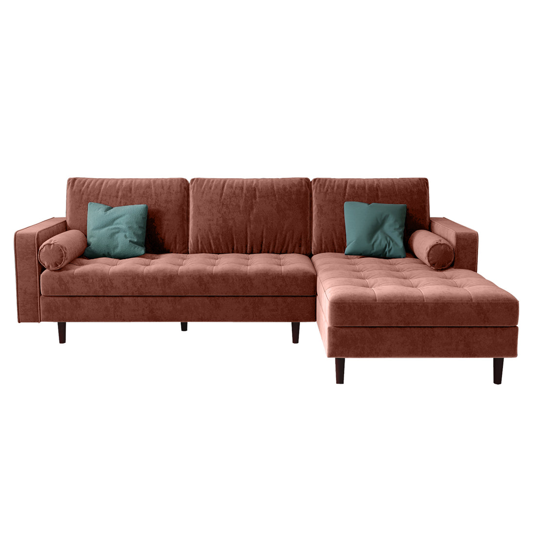 Claude 3 Seater Velvet Sofa with Chaise – Blush, showcasing plush cushions, a spacious chaise, and two matching round pillows on a durable frame for elegant, comfortable lounging.