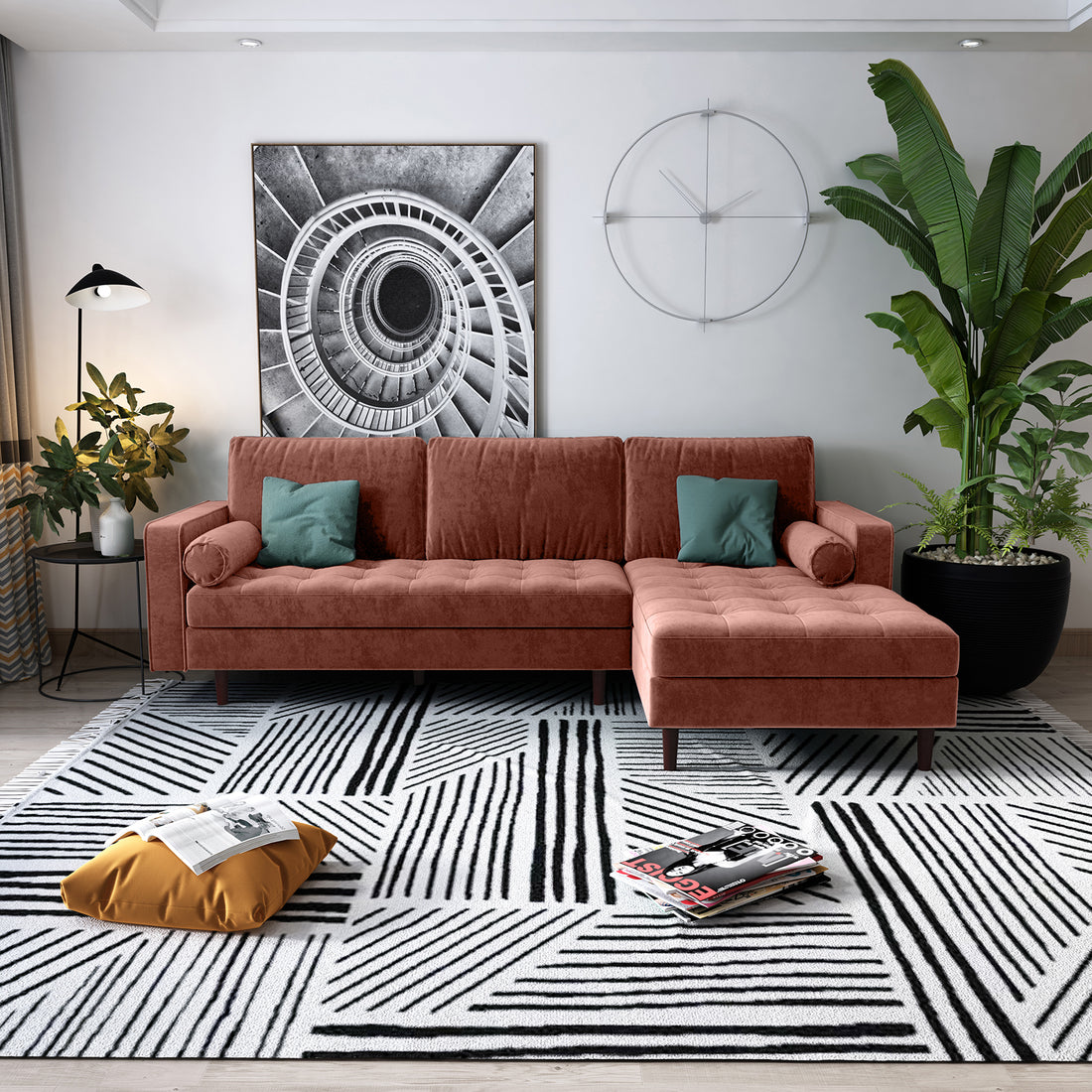 Claude 3 Seater Velvet Sofa with Chaise – Blush, featuring plush cushions and a spacious chaise design, prominently displayed in a cozy interior setting with surrounding stylish furnishings.