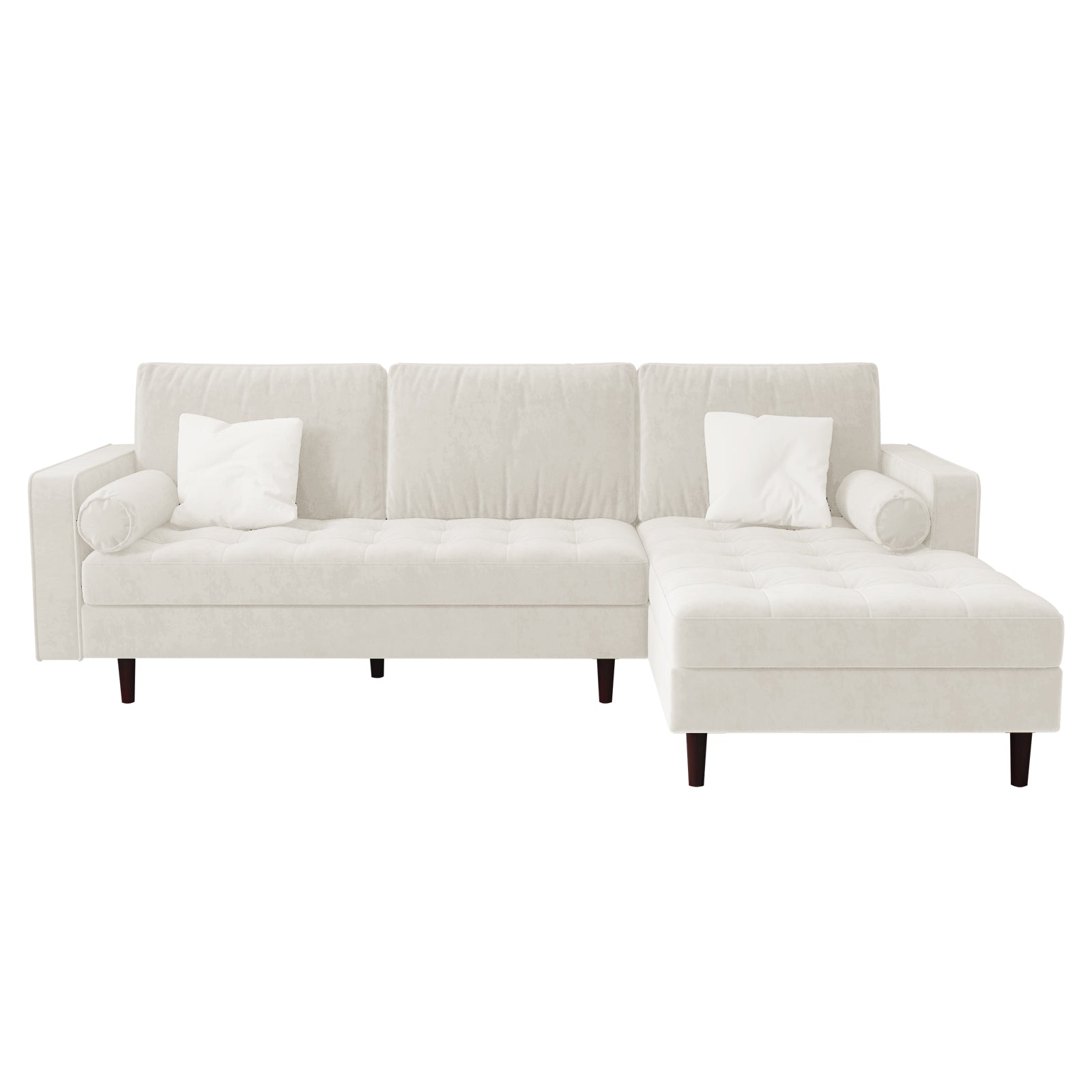 Claude 3 Seater Velvet Sofa with Chaise – Cream, showcasing plush cushions and a sleek silhouette, positioned elegantly on a white couch, highlighting its luxurious velvet texture and modern design.
