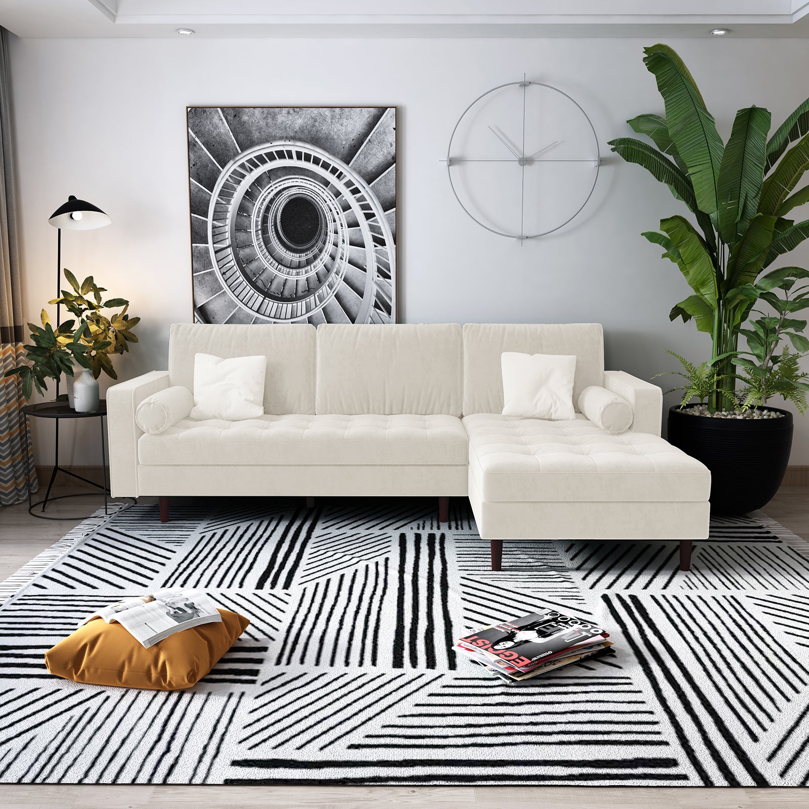 Claude 3 Seater Velvet Sofa with Chaise – Cream is displayed in a stylish interior setting, showcasing its luxurious velvet upholstery, plush cushions, and a spacious chaise design for optimal lounging.