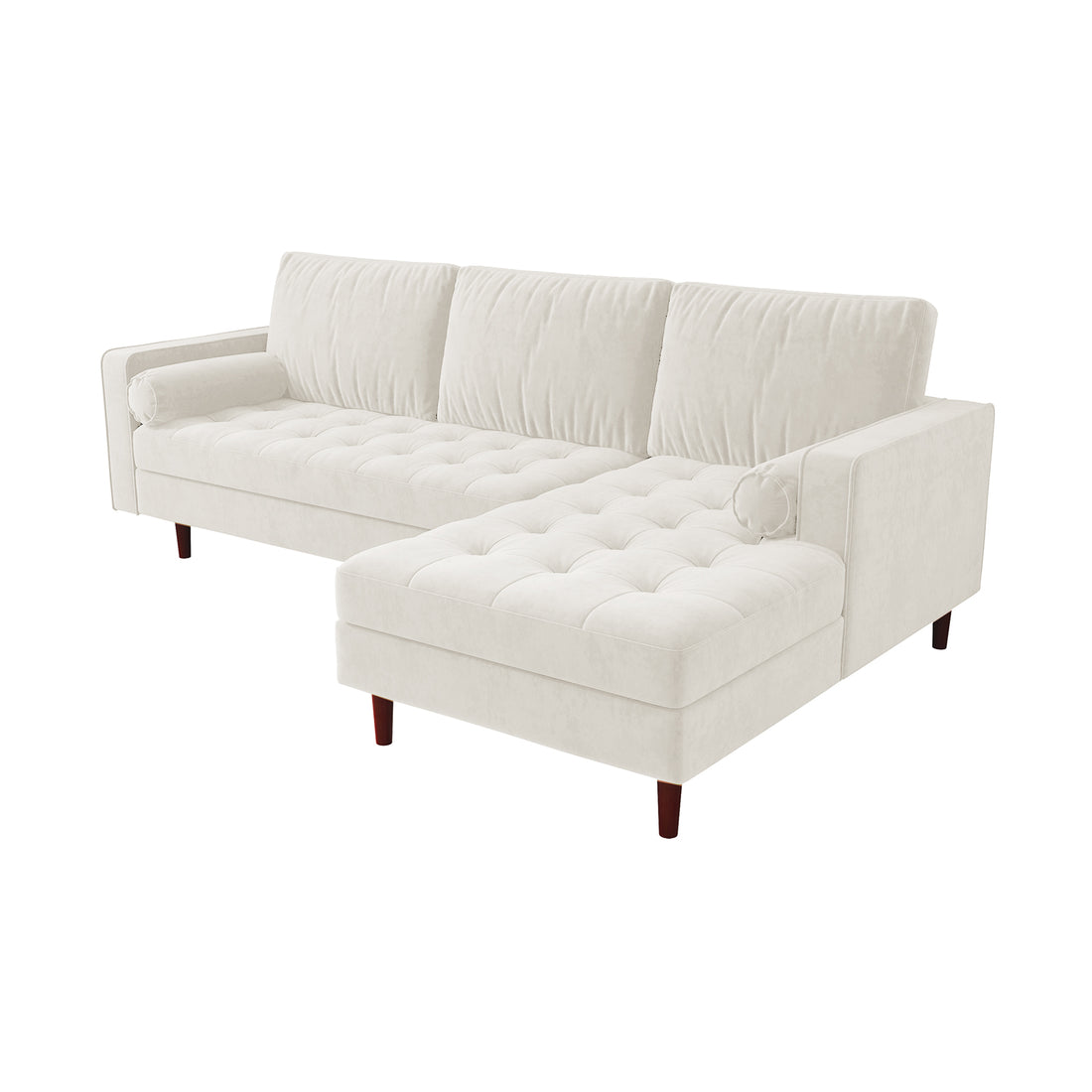 Close-up of the Claude 3 Seater Velvet Sofa with Chaise – Cream, showcasing its plush cushions and spacious chaise design, emphasizing luxurious comfort and style in a modern living room setting.