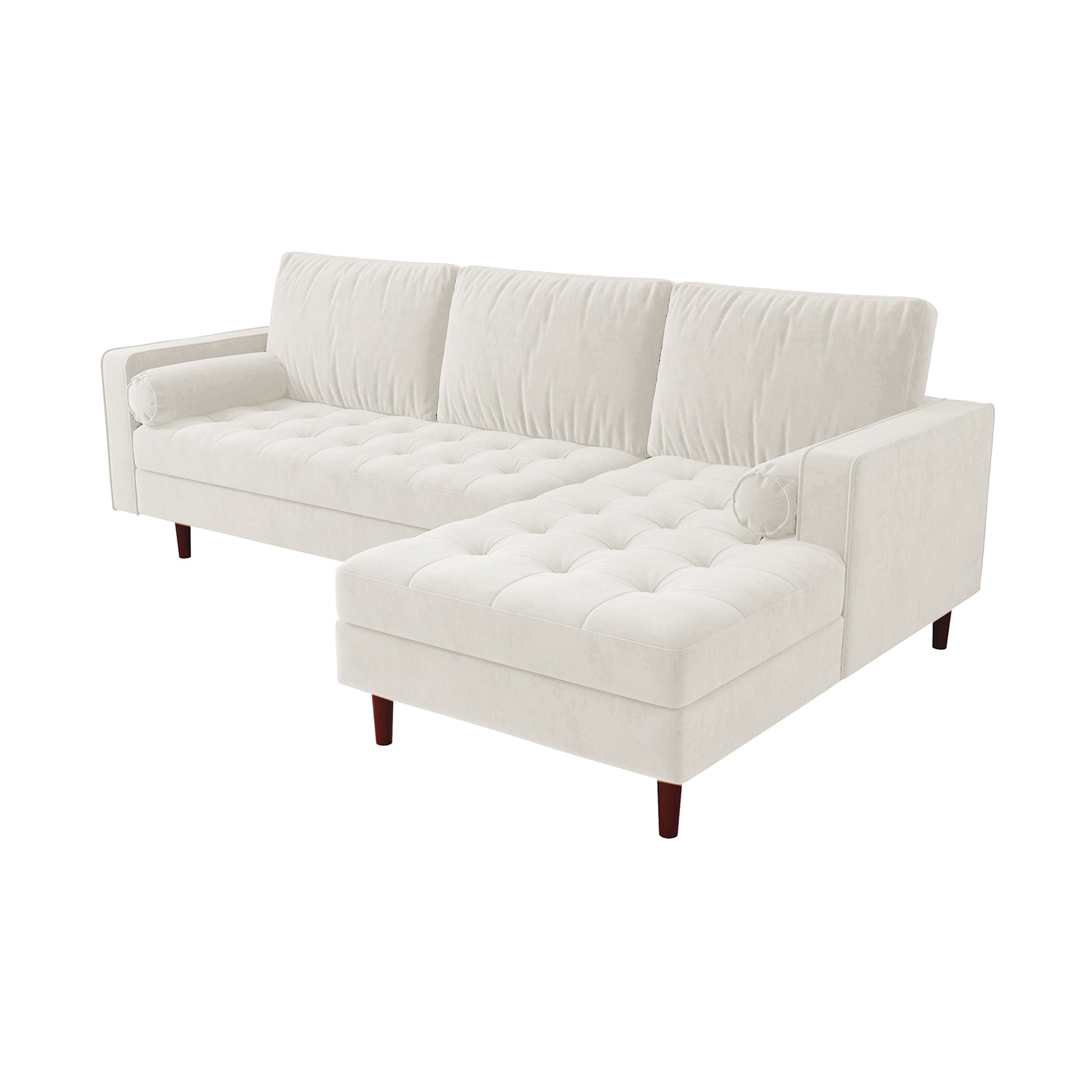 Close-up of the Claude 3 Seater Velvet Sofa with Chaise – Cream, showcasing its plush cushions and spacious chaise design, emphasizing luxurious comfort and style in a modern living room setting.