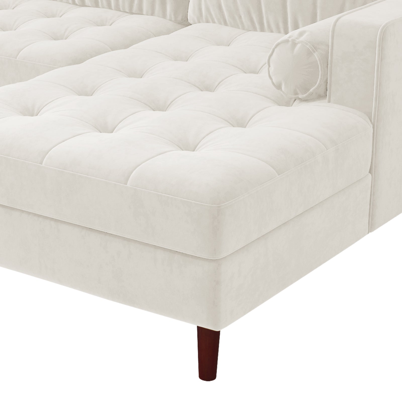 Close-up of the Claude 3 Seater Velvet Sofa with Chaise in cream, highlighting its plush cushions and spacious chaise design, providing a luxurious and comfortable seating experience for any living room.