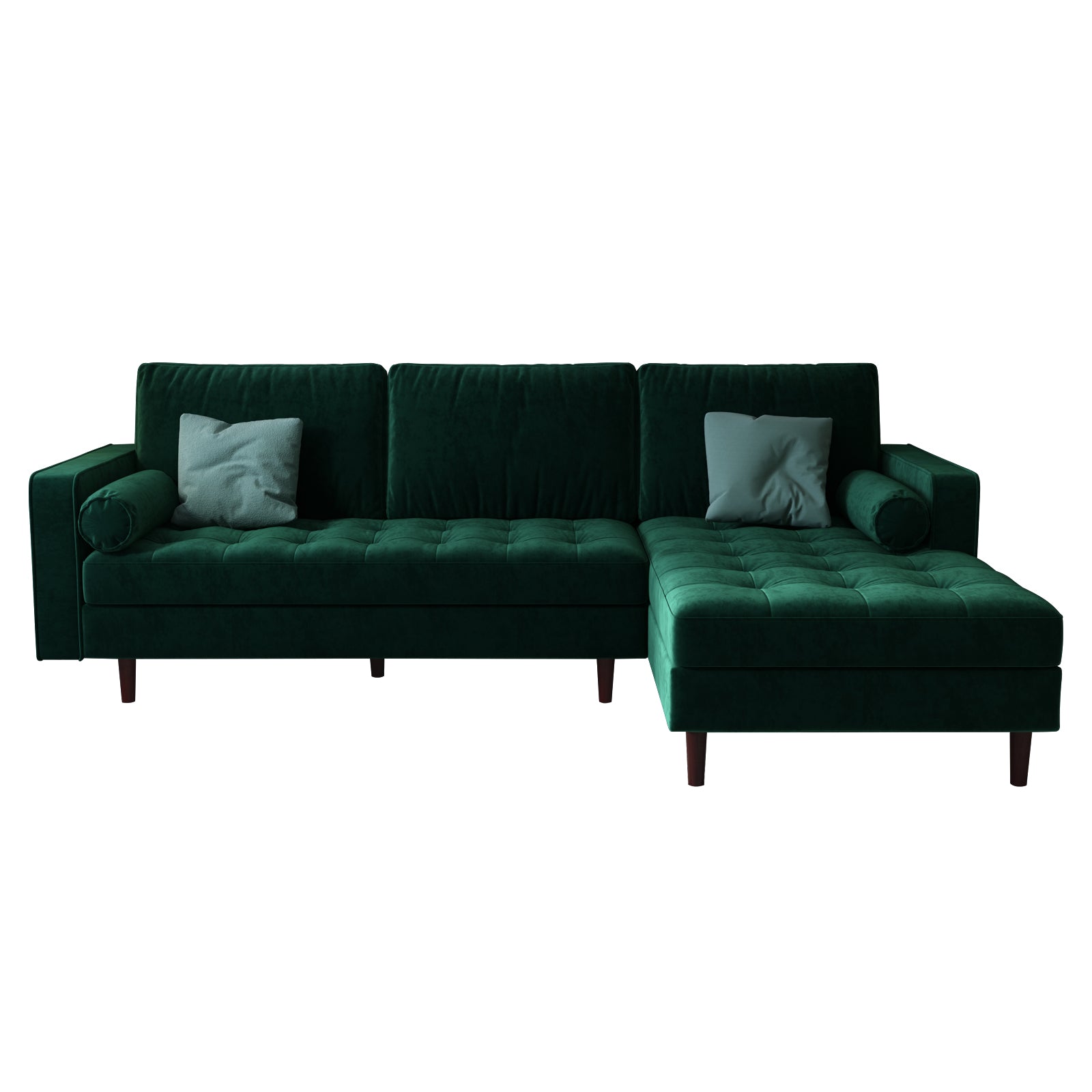 Claude 3 Seater Velvet Sofa with Chaise Dark Forest Green, showcasing its plush velvet upholstery, solid wood frame, and round pillow accents, highlighting its elegant, contemporary design perfect for stylish interiors.
