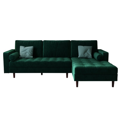 Claude 3 Seater Velvet Sofa with Chaise Dark Forest Green, showcasing its plush velvet upholstery, solid wood frame, and round pillow accents, highlighting its elegant, contemporary design perfect for stylish interiors.