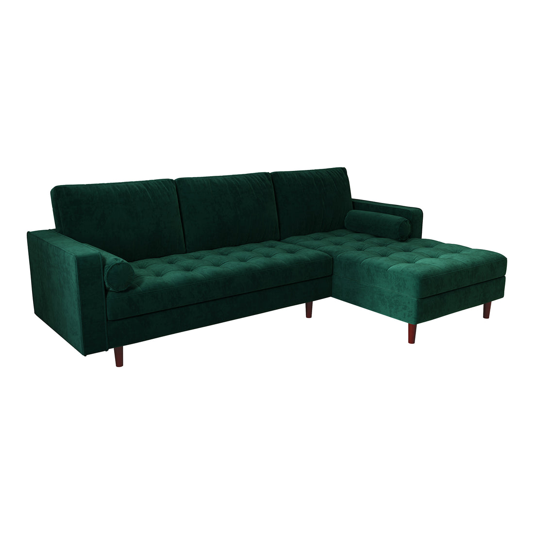 Close-up of the Claude 3 Seater Velvet Sofa with Chaise in Dark Forest Green, showcasing its plush velvet upholstery, fixed cushions, and solid wood frame, embodying modern elegance and comfort.
