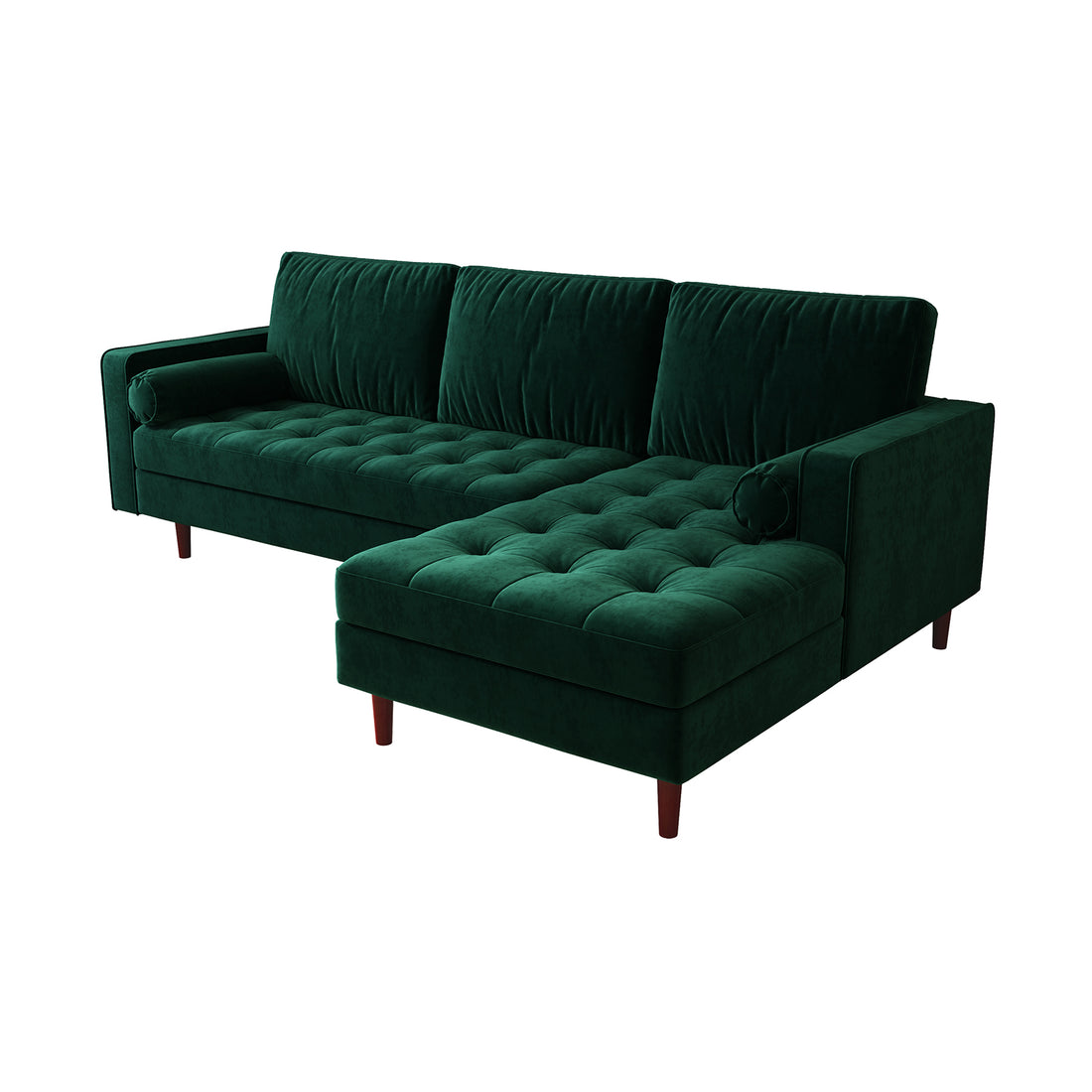 Claude 3 Seater Velvet Sofa with Chaise in Dark Forest Green, showcasing elegant velvet fabric, plush cushions, and a sleek design. Perfectly crafted with a solid wood frame for modern and transitional interiors.