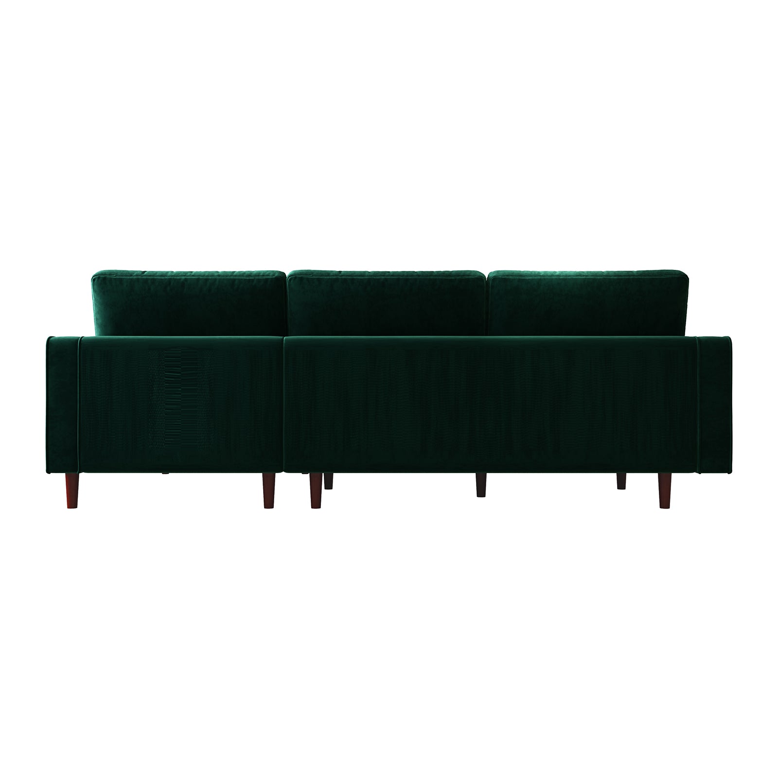 Claude 3 Seater Velvet Sofa With Chaise Dark Forest Green featuring plush velvet upholstery, solid wood legs, and sleek design. Ideal for modern interiors, comfortably seats three with fixed cushions for stability.