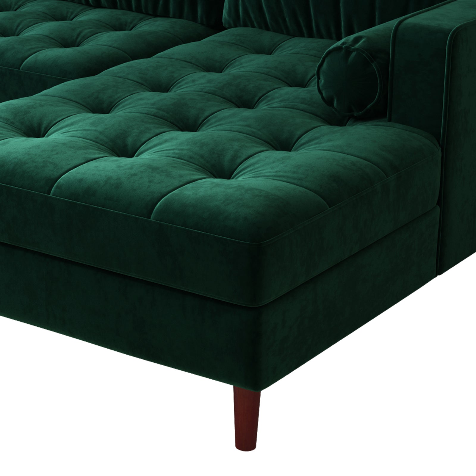 Claude 3 Seater Velvet Sofa with Chaise Dark Forest Green, featuring a plush, velvet texture, solid wood frame, and two round pillows, elegantly designed for modern interiors.