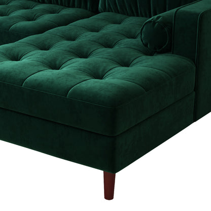 Claude 3 Seater Velvet Sofa with Chaise Dark Forest Green, featuring a plush, velvet texture, solid wood frame, and two round pillows, elegantly designed for modern interiors.