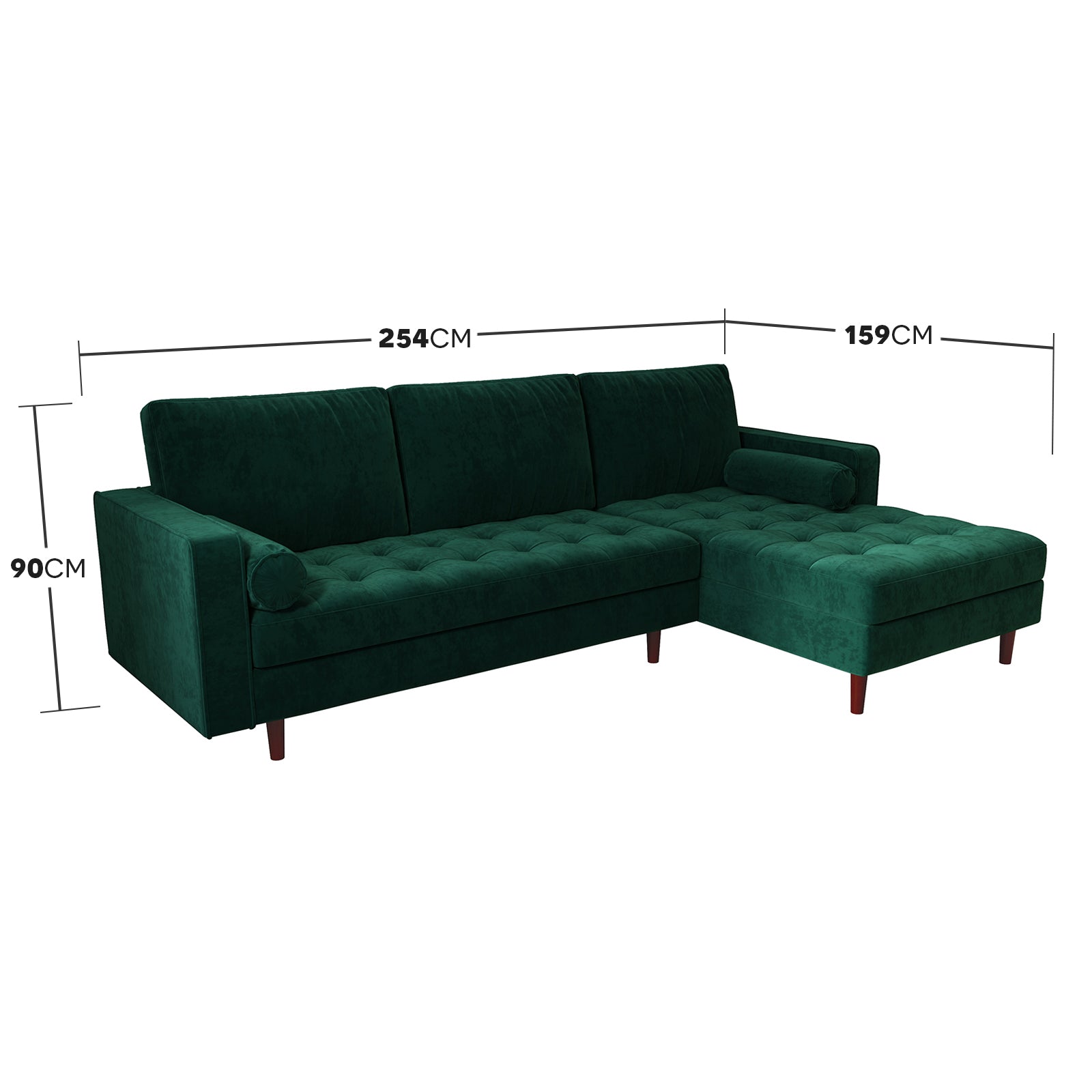 Claude 3 Seater Velvet Sofa with Chaise Dark Forest Green, showcasing a plush, velvet finish with fixed cushions, solid wood frame, and two round pillows, ideal for modern interiors.