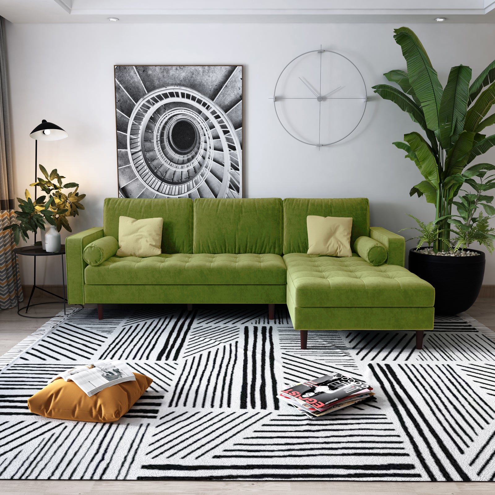 Claude 3 Seater Velvet Sofa with Chaise – Jade Green, featuring plush cushions and a spacious chaise, is elegantly displayed in a stylish interior setting, enhancing the room's luxurious ambiance.