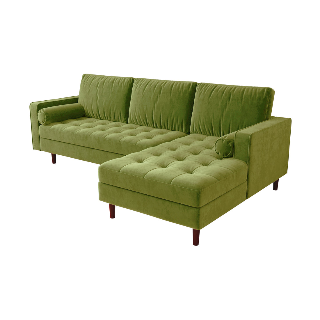 Close-up of the Claude 3 Seater Velvet Sofa with Chaise – Jade Green, highlighting its plush velvet texture, thick foam cushions, and spacious chaise design, emphasizing luxurious comfort and modern style.