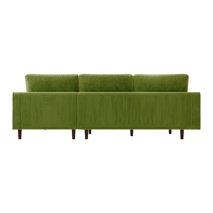 Claude 3 Seater Velvet Sofa with Chaise – Jade Green features plush cushions, a spacious chaise, wooden legs, and elegant velvet upholstery, combining luxury and comfort for modern living spaces.