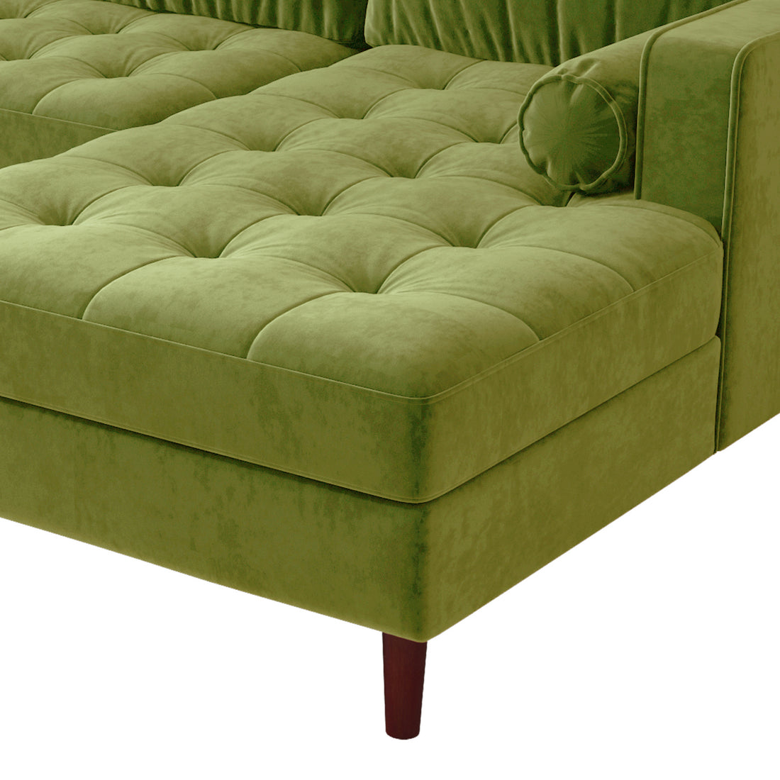 Close-up of the Claude 3 Seater Velvet Sofa with Chaise – Jade Green, highlighting plush cushions and round pillows on a luxurious velvet fabric, showcasing the sofa's comfortable and stylish design.