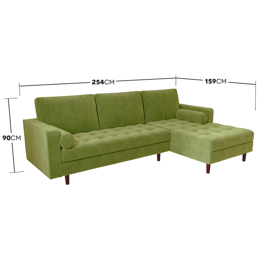 Close-up of the Claude 3 Seater Velvet Sofa with Chaise, featuring plush cushions and a spacious design, emphasizing its luxurious velvet upholstery and comfortable seating arrangement.