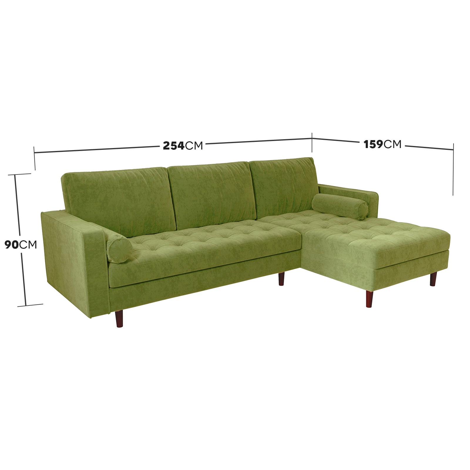 Close-up of the Claude 3 Seater Velvet Sofa with Chaise, featuring plush cushions and a spacious design, emphasizing its luxurious velvet upholstery and comfortable seating arrangement.