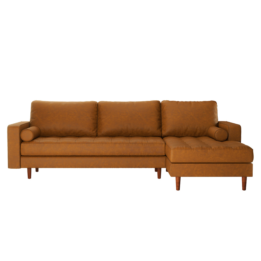 Claude 3 Seater PU Leather Sofa with Chaise in Tan Brown, featuring mid-century design, caramel-brown upholstery, three back cushions, right-hand chaise, slender wooden legs, and two matching bolster pillows.