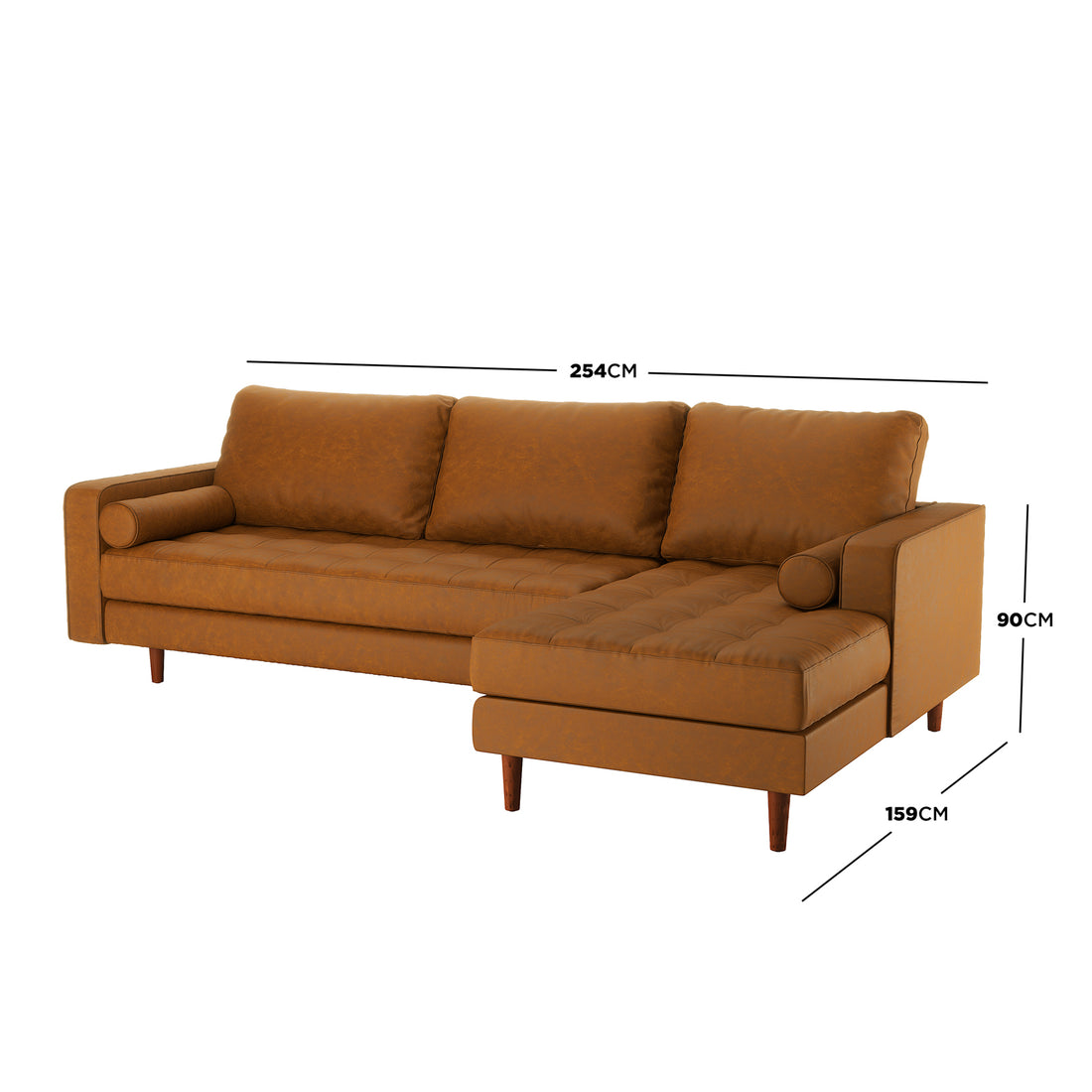 Claude 3 Seater PU Leather Sofa with Chaise in Tan Brown featuring cognac-brown finish, three-seat layout, right-hand chaise, loose back cushions, bolster pillows, and tapered wooden legs, measuring 254 cm wide.