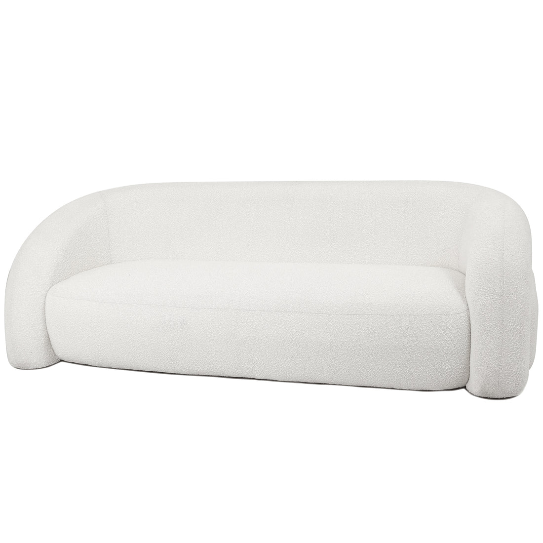 Clioz 3 Seater Curved Boucle Sofa in Eggshell White features a sleek, continuous back and armrest design with textured fabric, highlighting its sculptural, modern elegance and inviting comfort.