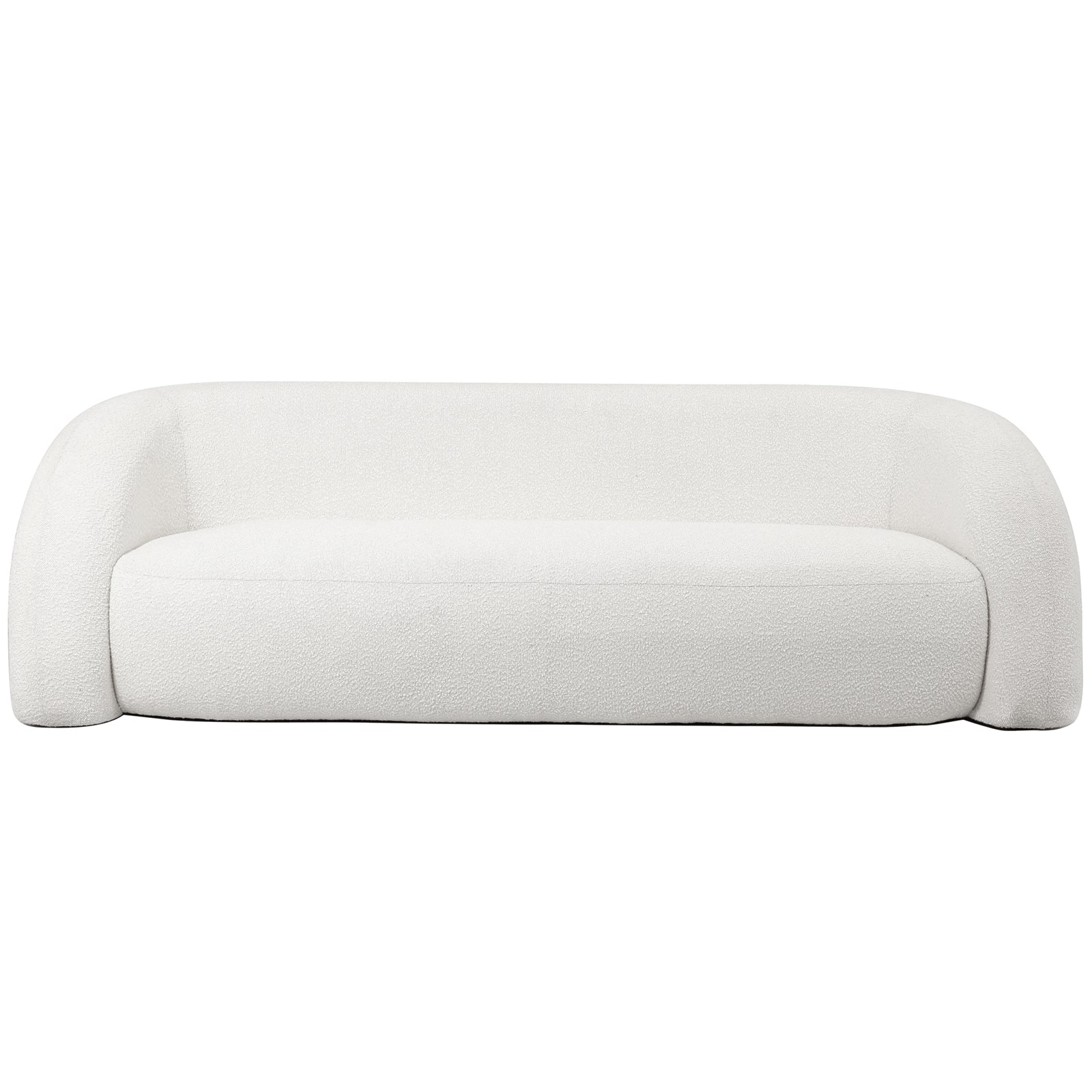 Clioz 3 Seater Curved Boucle Sofa in Eggshell White featuring a minimalist design with rounded arms and back, upholstered in textured fabric for a modern, inviting look.