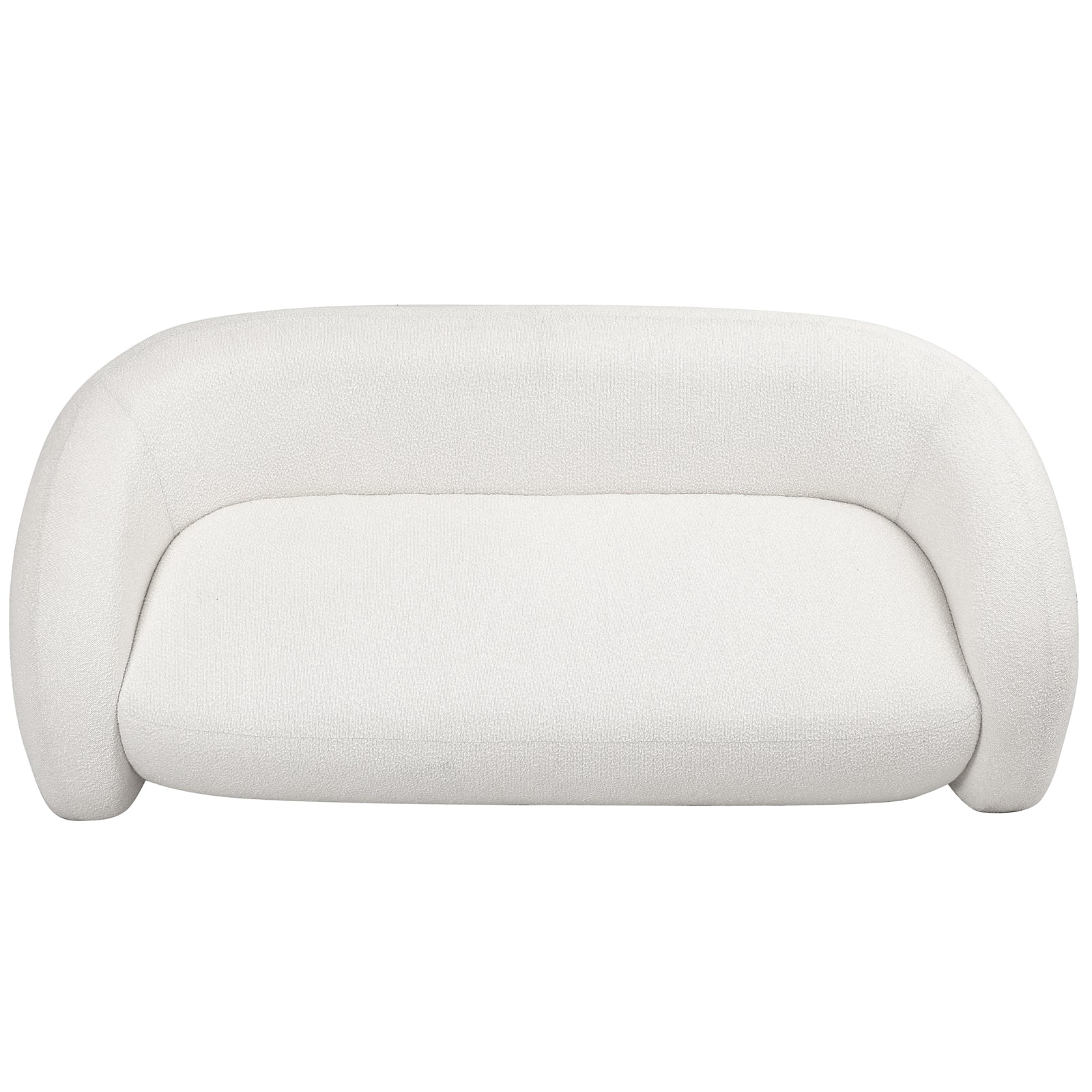 Clioz 3 Seater Curved Boucle Sofa in Eggshell White features a sculptural, low-profile design with a single seat cushion and rounded arms, upholstered in textured bouclé fabric for a modern, inviting look.