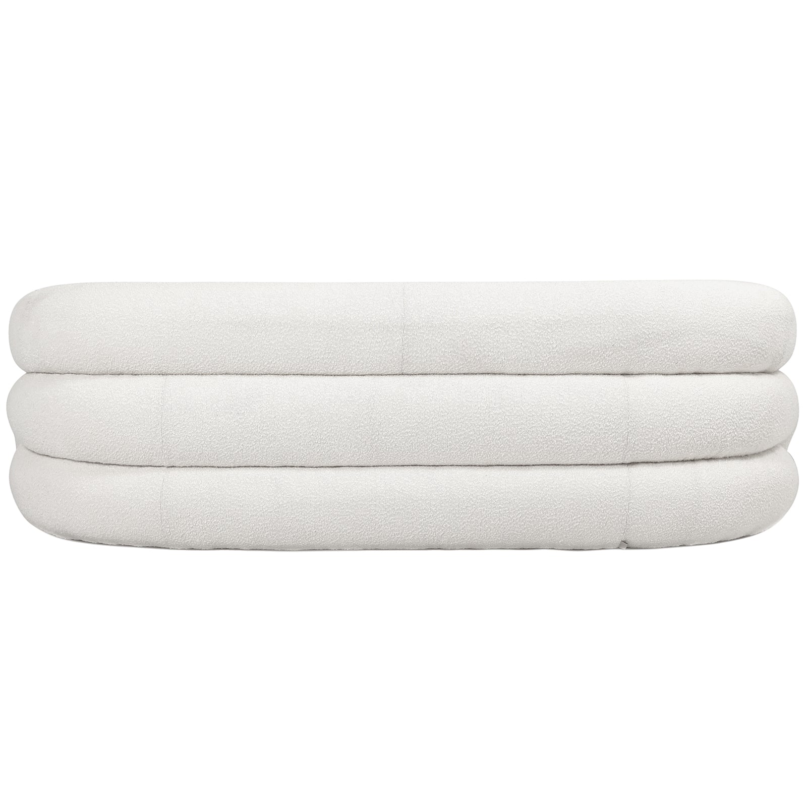 Clioz 3 Seater Curved Boucle Sofa in Eggshell White features a low, oval shape with a stacked, rounded silhouette, upholstered in textured off-white bouclé fabric.