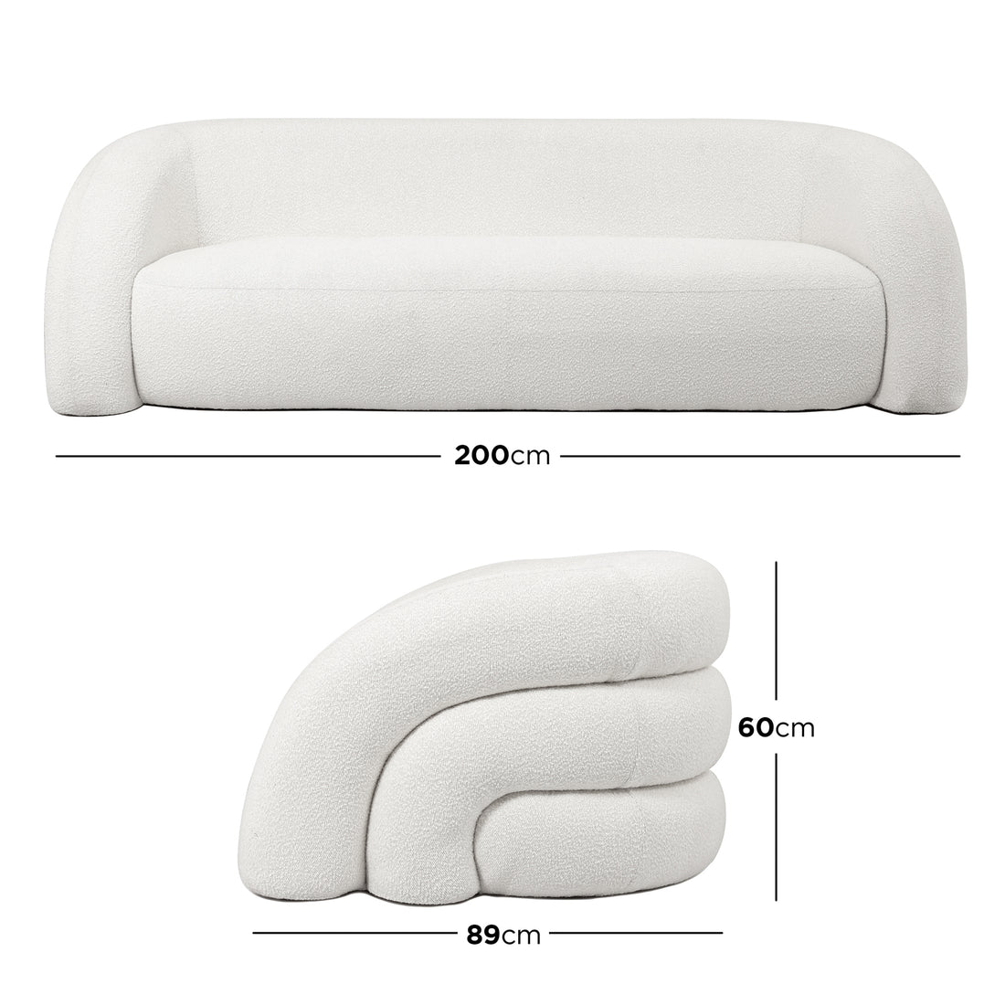 Clioz 3 Seater Curved Boucle Sofa in Eggshell White, showcasing its modern design with a continuous curved back and arm profile, upholstered in nubby boucle fabric, displaying front and side dimensions.