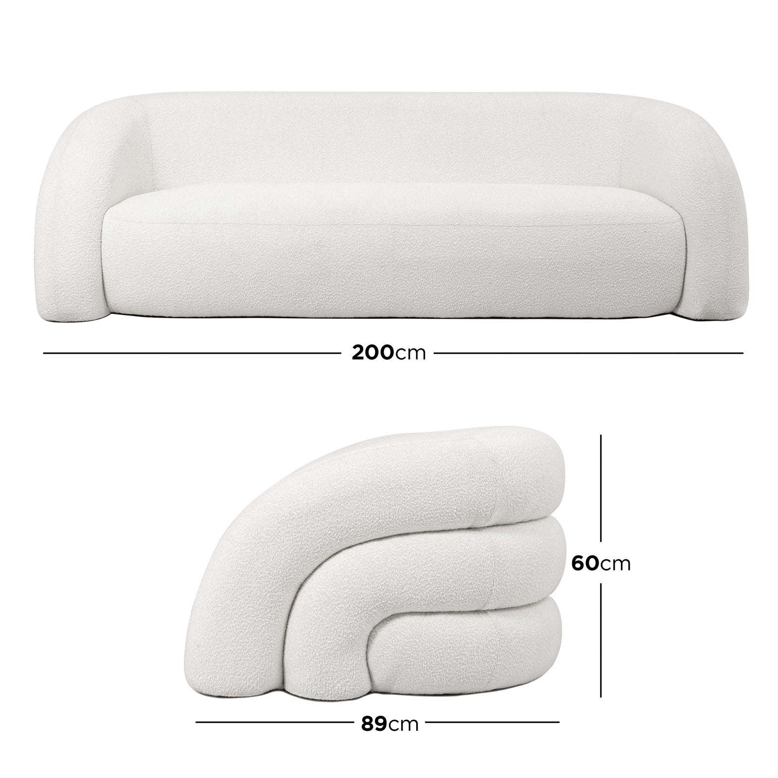 Clioz 3 Seater Curved Boucle Sofa in Eggshell White, showcasing its modern design with a continuous curved back and arm profile, upholstered in nubby boucle fabric, displaying front and side dimensions.