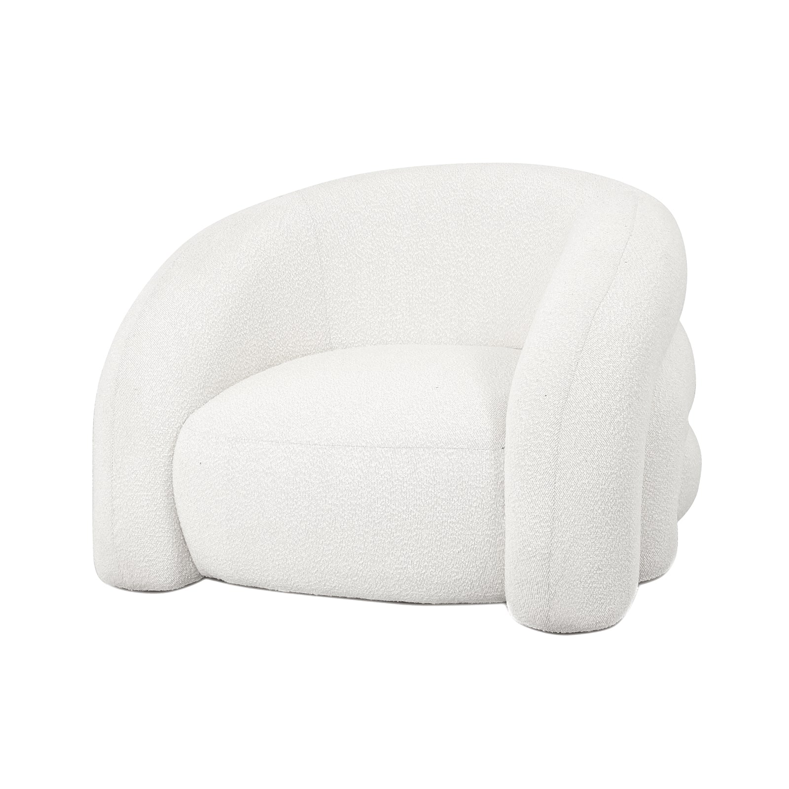 Clioz Boucle Accent Armchair – Eggshell White, featuring a curved back design, wrapped in plush bouclé fabric, showcasing a sleek, modern look with soft, textured upholstery and a solid wood frame.