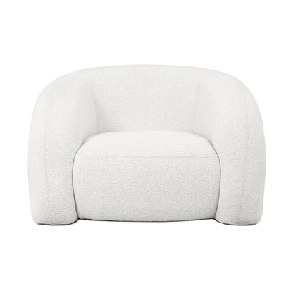 Clioz Boucle Accent Armchair - Eggshell White features a close-up of its plush boucle fabric upholstery with high-density foam cushions, showcasing its textured surface and solid frame for durable comfort.