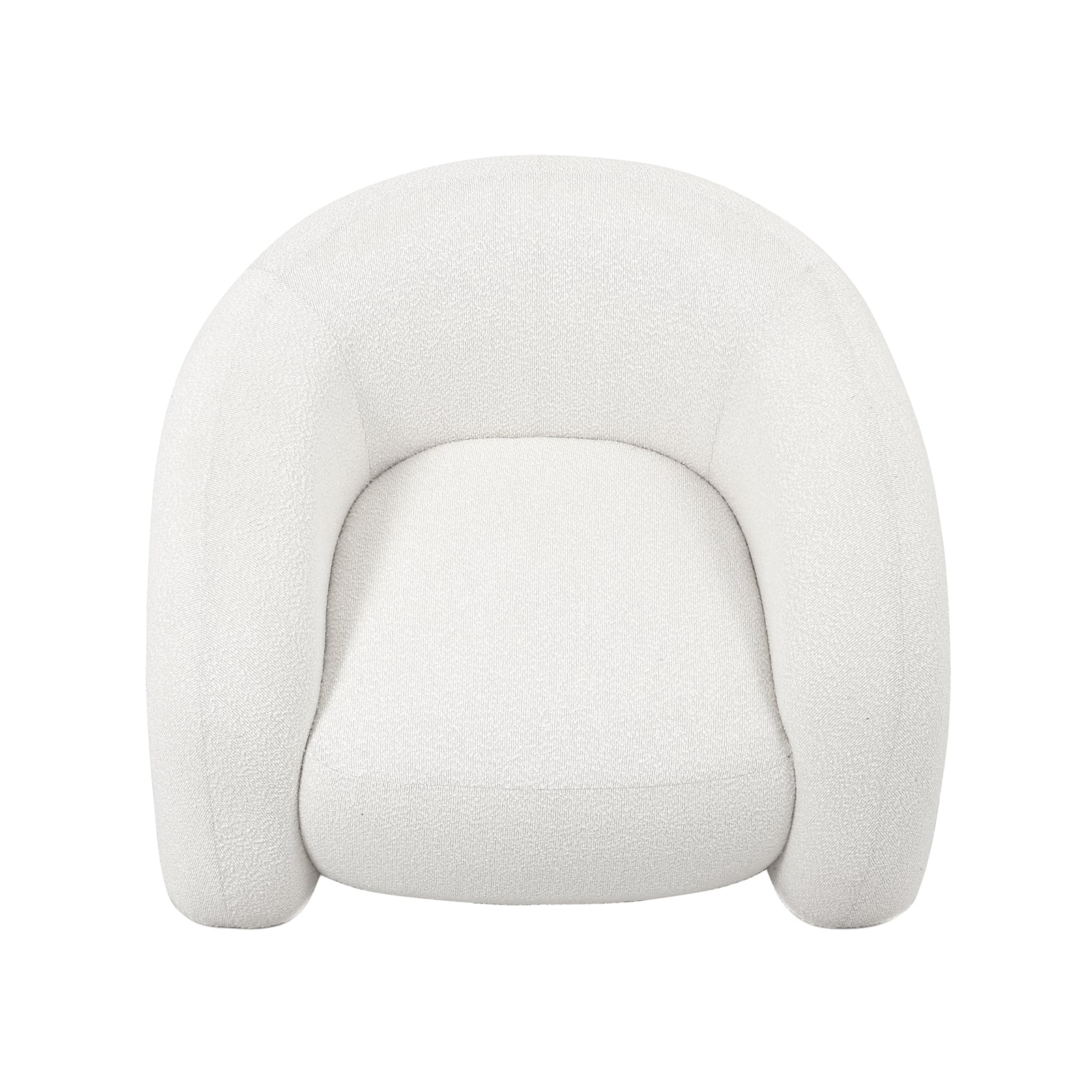 Clioz Boucle Accent Armchair in Eggshell White featuring a curved back and seat, upholstered in plush boucle fabric, showcasing its mid-century design ideal for modern interiors.