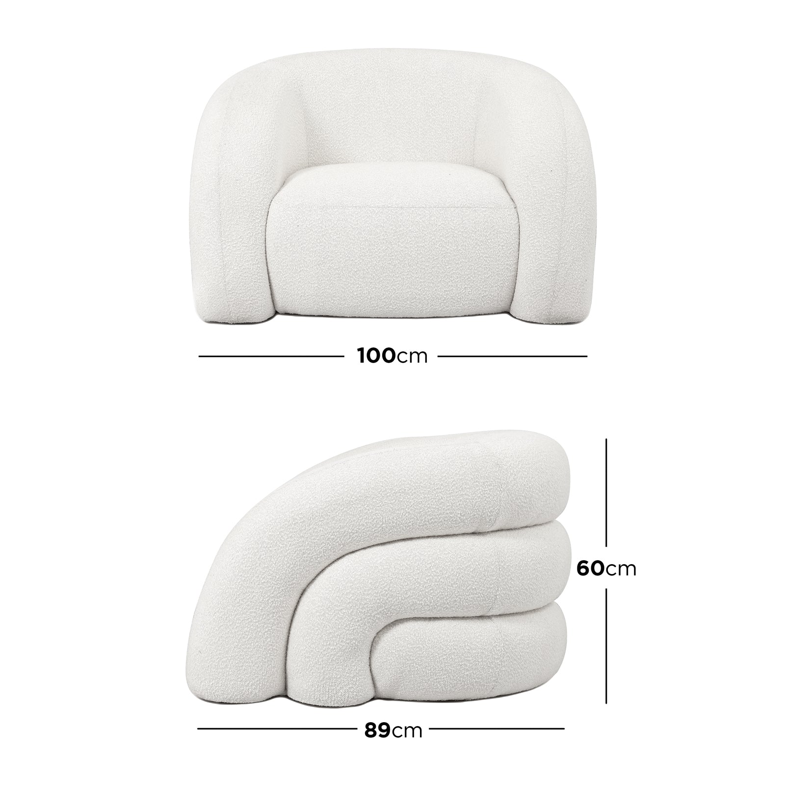 Clioz Bouclé Accent Armchair in Eggshell White, showcasing a soft, textured boucle fabric and plush cushions, set against a minimalist background highlighting its elegant design and solid wood frame.