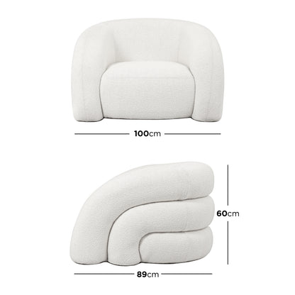 Clioz Bouclé Accent Armchair in Eggshell White, showcasing a soft, textured boucle fabric and plush cushions, set against a minimalist background highlighting its elegant design and solid wood frame.