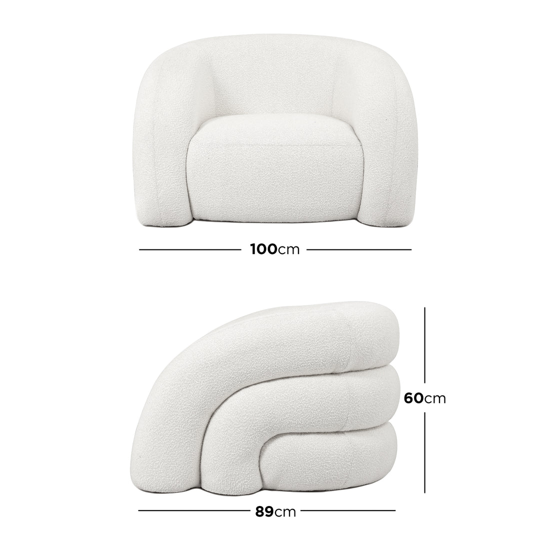 Dimension of Clioz Bouclé 4 Seater Curved Lounge Package - Eggshell White