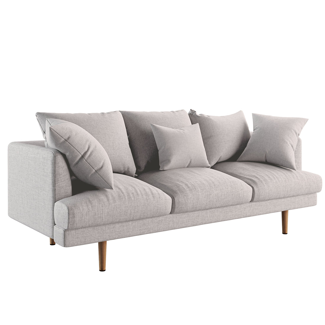 Colton Fabric 3 Seater Sofa Stone, showcasing its plush cushions and modern style, is highlighted in a close-up of several pillows on the couch, emphasizing comfort and contemporary design.