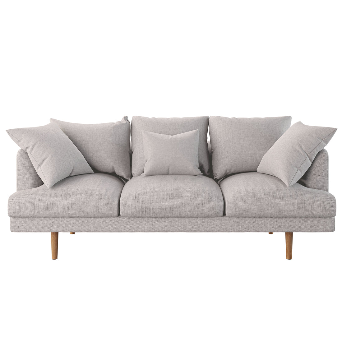 Colton Fabric 3 Seater Sofa Stone showcasing modern style with clean lines, soft cushions, and solid wood frame, emphasizing durability and comfort with high-density foam and S-spring system.