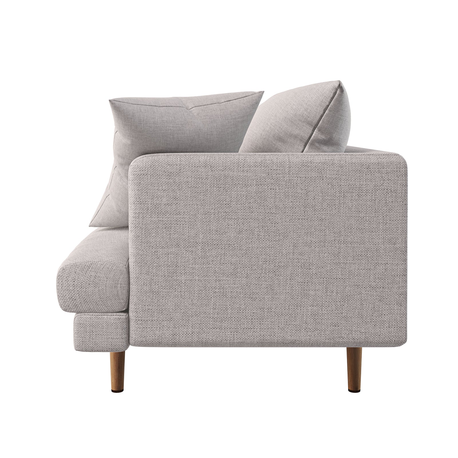 Colton Fabric 3 Seater Sofa Stone features a close-up of its clean lines, soft cushions, and armrest, highlighting the modern design and comfort ideal for any living room.