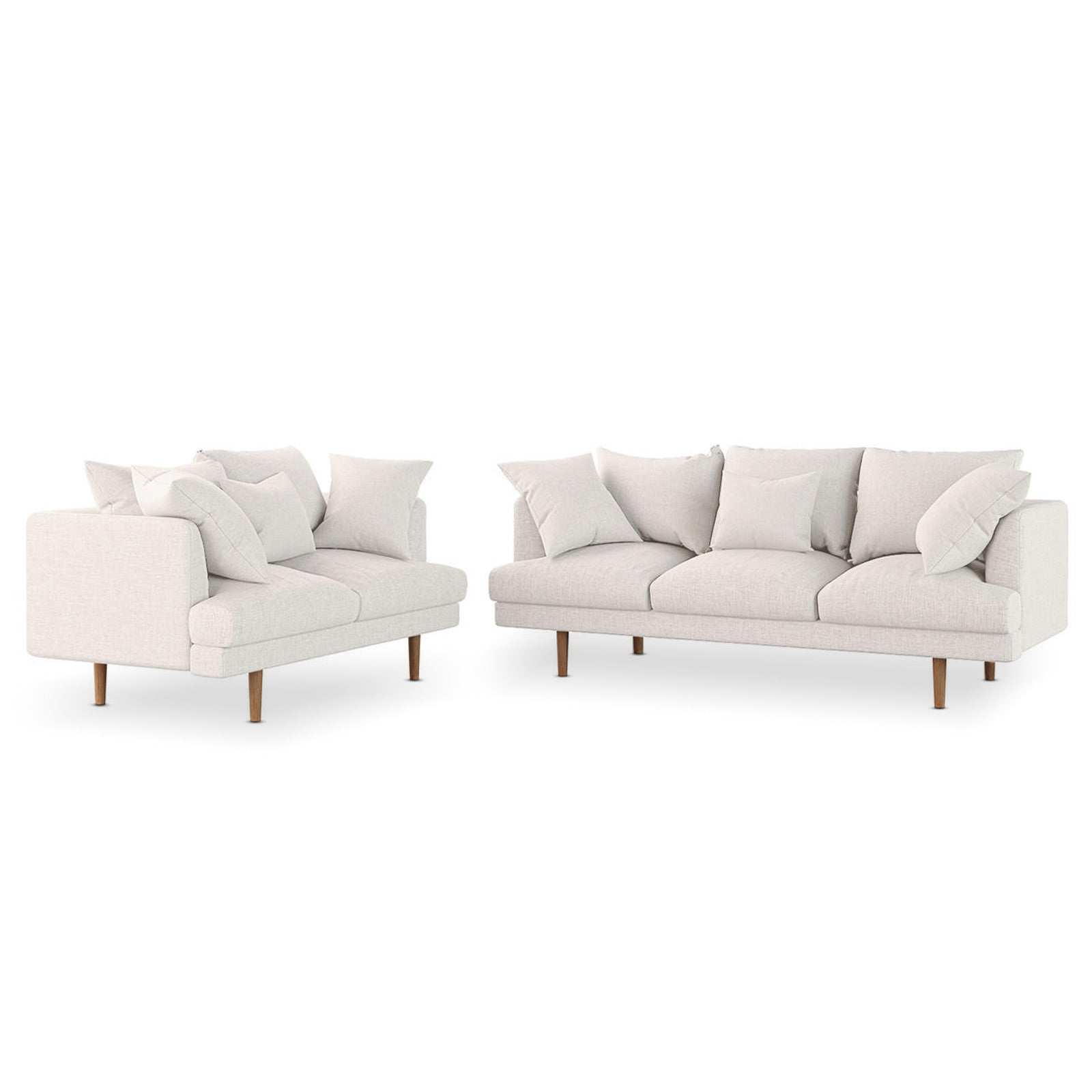 Colton 5-Seater Fabric Sofa in Cream White, featuring a modular design with two-seat and three-seat sections, slender wooden legs, and complemented by loose back and throw cushions for a contemporary appeal.