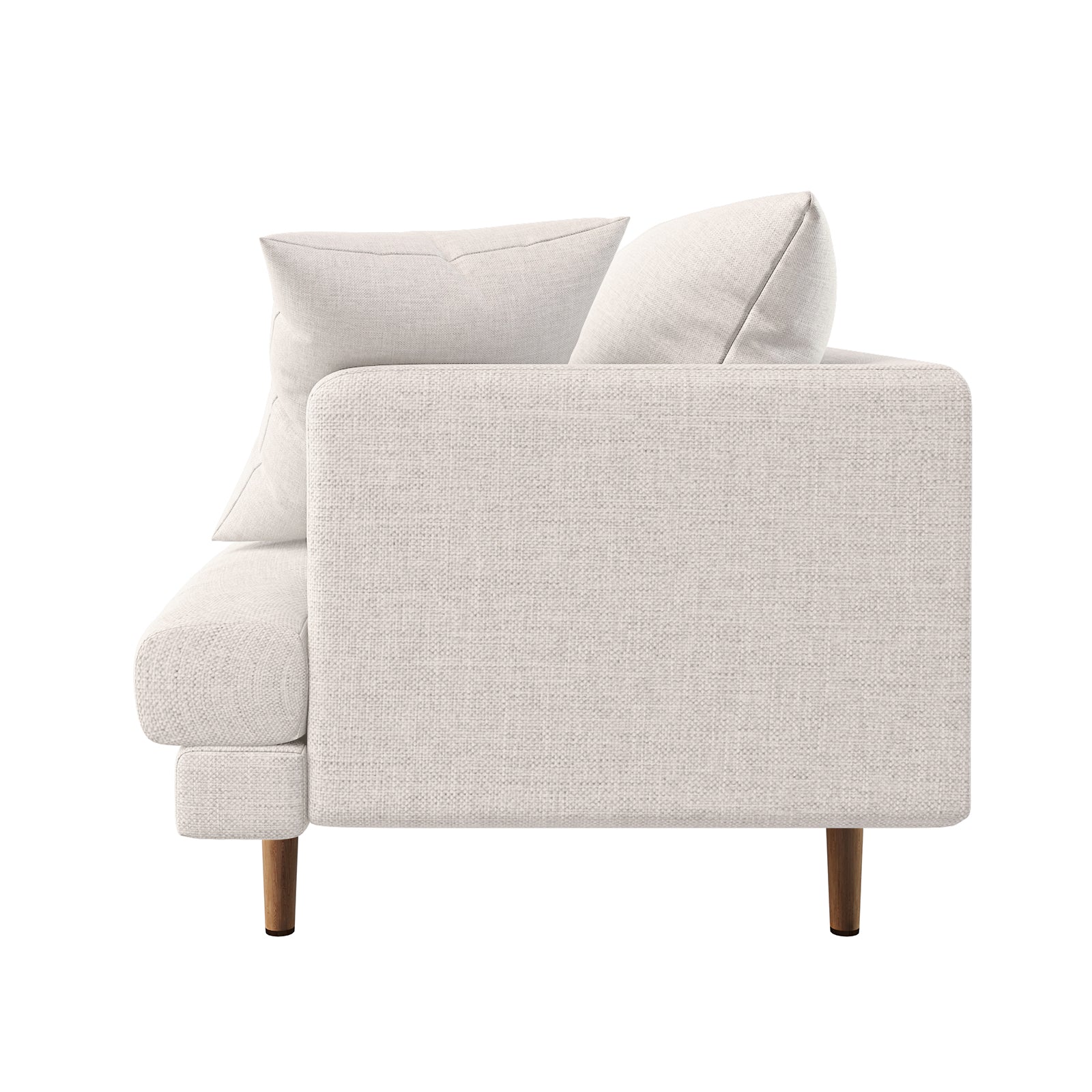 Side view of the Colton 5-Seater Fabric Sofa in Cream White, showcasing its modern boxy armrest, loose back cushions, low seat, and slender wooden legs, embodying a timeless, versatile design.