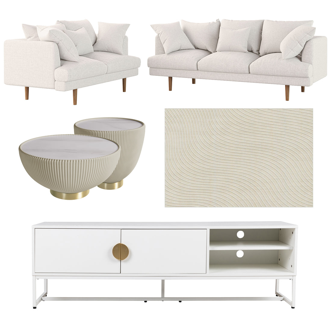 Colton Living Room Package in Cream White featuring a light-beige sectional sofa with scatter cushions, round ribbed-textured coffee tables with marble tops, and a sleek white media console.