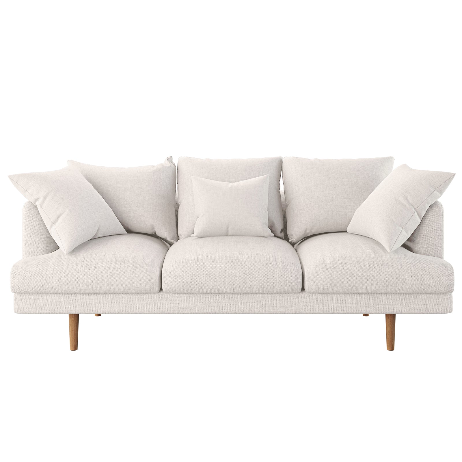 Colton Living Room Package in Cream White features a modern three-seat sofa with loose cushions, slender wooden legs, accompanied by a smaller accent pillow, embodying a contemporary aesthetic.